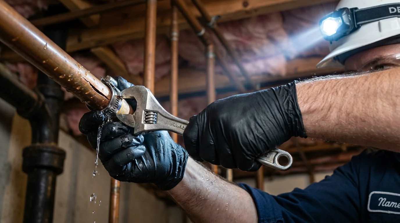 Emergency pipe clamp repair being performed by a Johns Plumbing LLC plumber in Morrilton