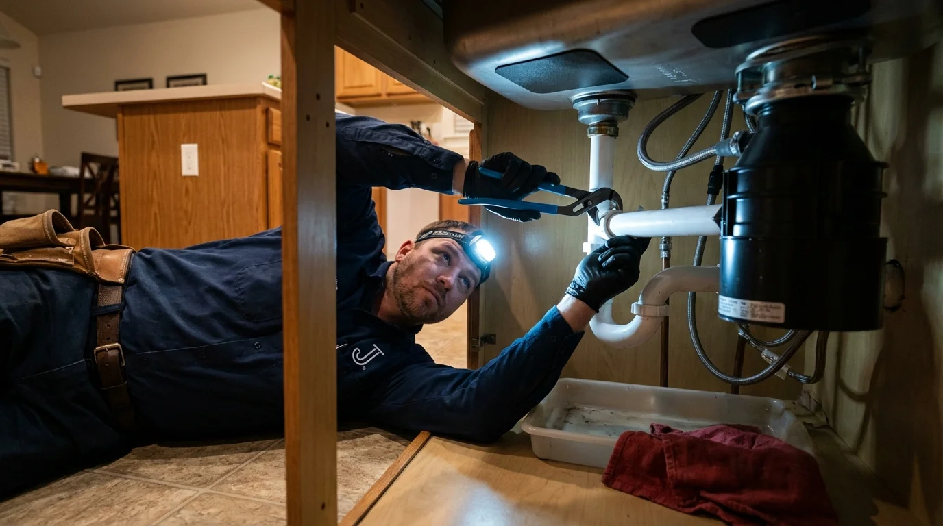 P-trap and supply line connections under a kitchen sink showing a common leak point in Morrilton, AR